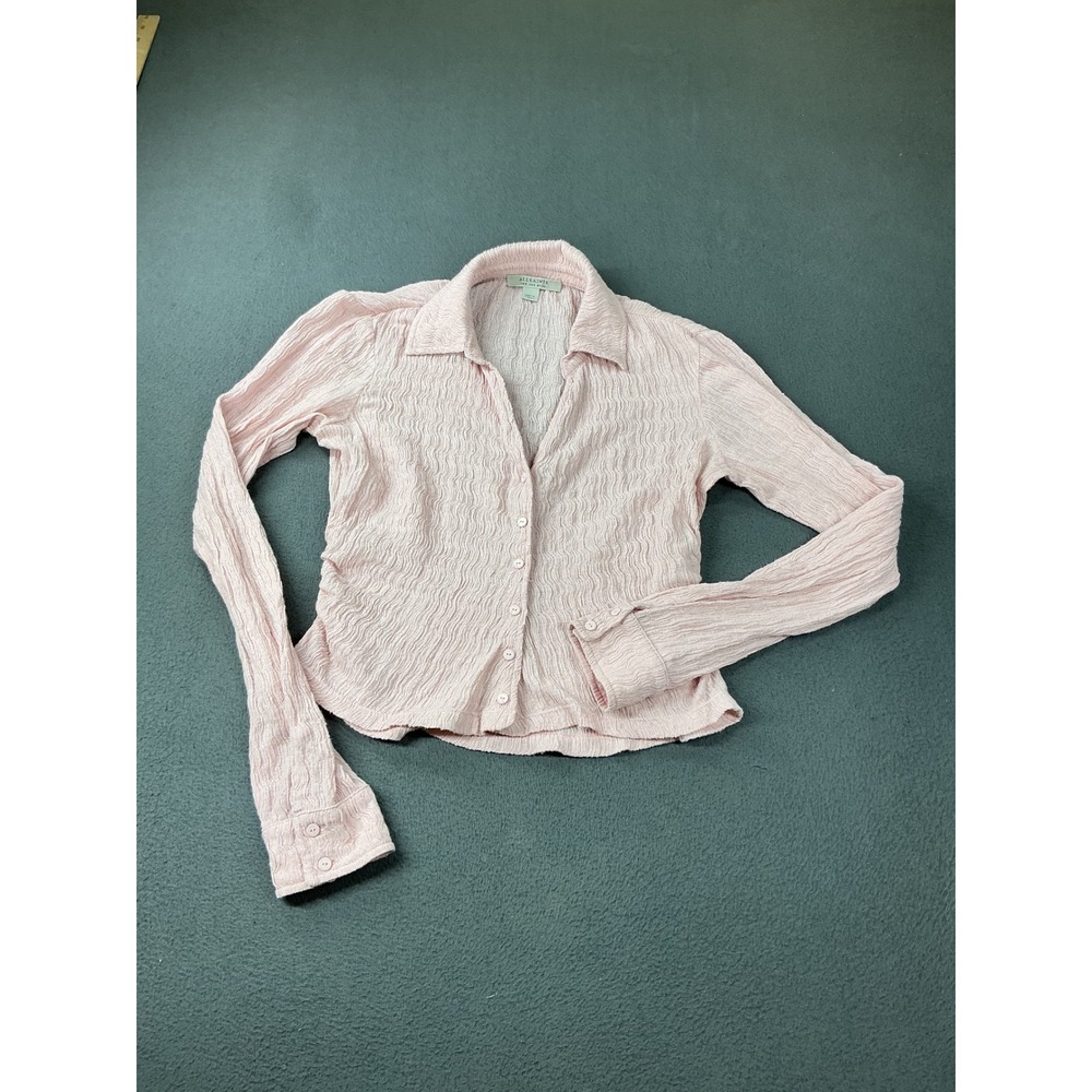 AllSaints Connie Shirt Womens US 2 Pink Textured Ruched Long Sleeve Button Down